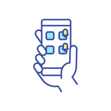Akıllı telefon bildirim RGB renk simgesi. Cep telefonu uygulamasında hatırlatıcı. Cihaza bağımlılık. Uygulamaların sessiz sesi. Cep telefonu bağımlılığı. Dijital detoks stratejisi. İzole vektör illüstrasyonu