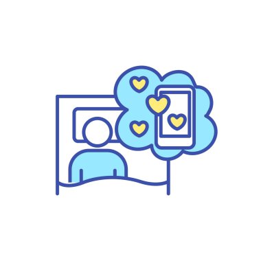 Sosyal medya bağımlılığı RGB renk simgesi. Akıllı telefon detoksu. Cep telefonu bağımlılığının üstesinden gel. Adam yatağa yattı ve telefonu düşündü. Cihaz bağımlılığı. Rüyamda cep telefonu gördüm. İzole vektör illüstrasyonu