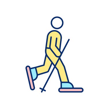 Kar Ayakkabısı RGB renk simgesi. Kar sporu. Kış zamanı için açık hava eğlencesi. Dağ yolculuğu. Kış tatili. Karlı bir tatil köyünde turist kayağı. İzole vektör illüstrasyonu