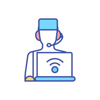 Etkileşimli tıp RGB renk simgesi. Çevrimiçi tıbbi servis. Teletıp iletişimi. Elektronik sağlık hizmeti. Klinik internet desteği. Bilgisayardaki hastane hemşiresi. İzole vektör illüstrasyonu