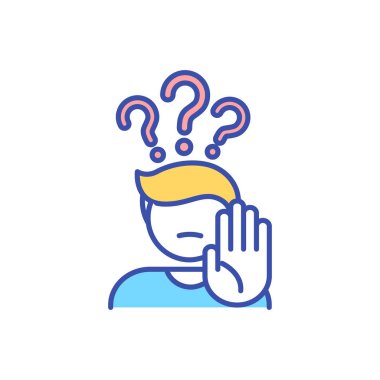 Servis farkındalığı RGB renk simgesi. Durması için işaret eden kişi. İlerlemeyi önleme. Çözüm arayışında. Kafası karışmış bir adam. Stres ve endişe. İzole vektör illüstrasyonu