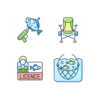 RGB renk simgeleri için özel ekipman ayarlandı. Makara, sperm avcılığı, balıkçılık lisansı, sandalye. Hobi ve boş vakitlerin keskinliği. Tatilde. Balıkçı sandalyesi. İzole vektör çizimleri