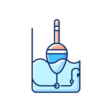 RGB renk simgesini yüzdür. Balıkçılık turnuvası. Bobber ve kancayla balık yemi. Hobi ve boş zaman aktivitesi. Özel balıkçı ekipmanları. Temel balıkçılık malzemeleri. İzole vektör illüstrasyonu