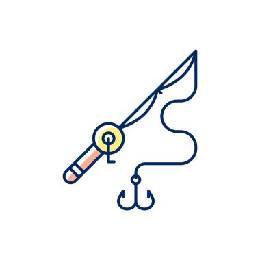 Olta ve makara RGB renk ikonu. Temel balıkçılık malzemeleri. Karbon maddesel. Balıkçılık turnuvası. Hobi ve boş zaman aktivitesi. Alet. Okyanus balıkçılığı, balık yemi. İzole vektör illüstrasyonu