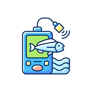 Balık bulucu RGB renk simgesi. Fishers ekipmanı. Hobi ve boş zaman aktivitesi. Balık bulmanın yolu. Verimli balık avı. Temel balıkçılık malzemeleri. Hobi ve eğlence aktiviteleri. İzole vektör illüstrasyonu