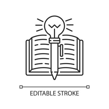 Yaratıcı doğrusal yazı simgesi. Yazma becerilerini geliştirme fikri. Kritik düşünce. Tavayla kitap. İnce çizgi özelleştirilebilir illüstrasyon. Contour sembolü. Vektör izole çizim. Düzenlenebilir vuruş