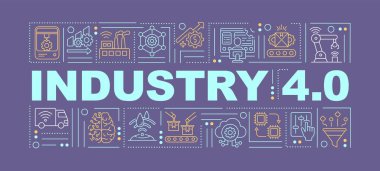 Industrial internet of things word concepts banner. Introduction digital technologies. Infographics with linear icons on violet background. Isolated typography. Vector outline RGB color illustration clipart