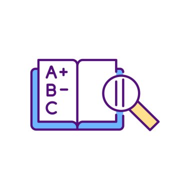 Sınavlar ve not defteri RGB renk simgesi. Çevrimiçi kurs yönetim sistemi elemanları. Öğrenciler için zorluklar yaratıyor. Sınavlara hazırlanmak için öğrenme materyali yapıyorum. İzole vektör illüstrasyonu