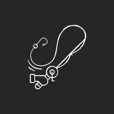 Siyah arka planda çubuk beyaz tebeşir ikonu kullanılıyor. Karbon maddesel. Balıkçılık turnuvası. Okyanus balıkçılığı, balık yemi. Dönen makineler fırlatılıyor. İzole edilmiş vektör karatahta çizimi