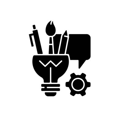 Sanatsal düşünen siyah kabartma simgesi. Yaratıcı düşünme becerileri gelişiyor. Yaratıcı becerilerin geliştirilmesi. Kritik yansıma. Beyaz uzayda siluet sembolü. Vektör izole illüstrasyonu