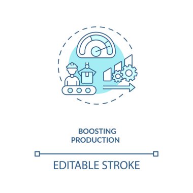 Üretim konsepti ikonu destekleniyor. Endüstri 4.0 hedef fikri ince çizgi çizimi. Makineler üzerinden veri toplayıp analiz etmek. Vektör izole edilmiş RGB renk çizimi. Düzenlenebilir vuruş