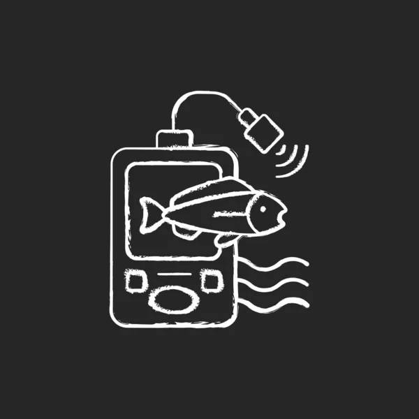 黒の背景に魚のファインダーチョークホワイトのアイコン 魚を見つける方法 効率的な釣りだ 基本的な漁具 趣味やレジャー活動 絶縁ベクトルチャークボードイラスト — ストックベクタ