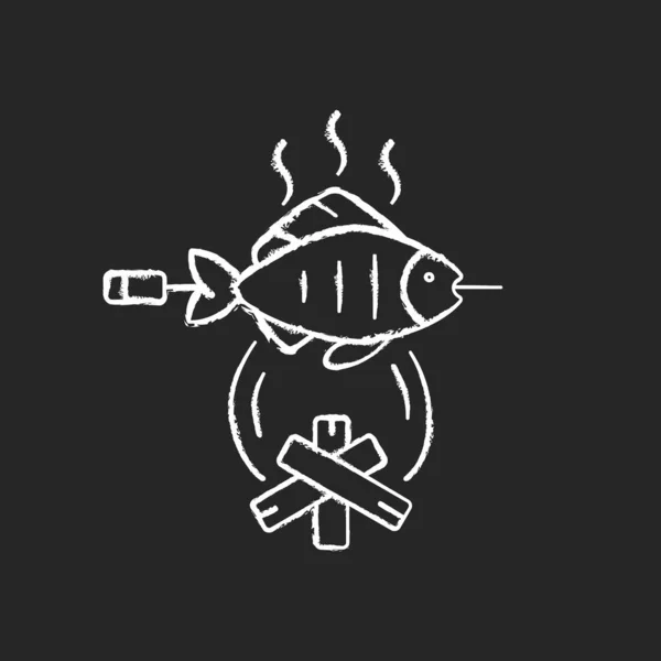 Cooking Freshly Caught Fish Chalk White Icon Black Background Fres — Stock Vector