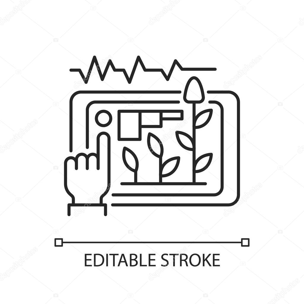 Yield prediction linear icon. Soil test information. Crop growth forecasting. Machine learning. Thin line customizable illustration. Contour symbol. Vector isolated outline drawing. Editable stroke