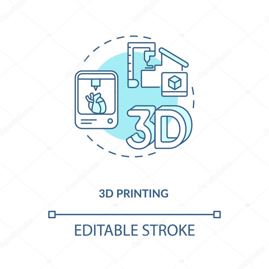 3D printing concept icon. Industry 4.0 idea thin line illustration. Additive manufacturing process. Concept proofs, prototypes, end-products. Vector isolated outline RGB color drawing. Editable stroke