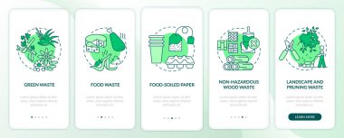 Mobil uygulama sayfa ekranında konseptlerle birlikte organik atık türleri. Yeşil, yemek lekeli, ahşap atığı 5 adımlık grafik talimatlar. RGB renk resimleriyle UI vektör şablonu