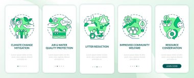 Organik atık kavramlarla taşınabilir uygulama sayfası ekranında azalıyor. İklim değişikliği, toplumsal refah yürüyüşü, 5 aşamalı grafik talimatlar. RGB renk resimleriyle UI vektör şablonu