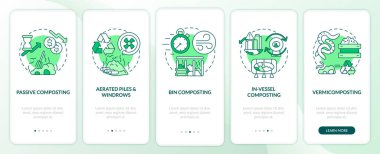 Mobil uygulama sayfa ekranında kavramlarla ayrışma. Pasif, çöp tenekesi, gemi içi gübreleme 5 aşamalı grafik talimatlar. RGB renk resimleriyle UI vektör şablonu