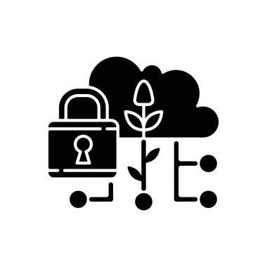 Data security in agriculture black glyph icon. Information protection. Smart farm. Cybersecurity in precision agriculture. Silhouette symbol on white space. Vector isolated illustration clipart