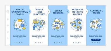 Silah şiddeti riski vektör şablonunda. Toplu katliam. Kasıtsız ölüm. Hırsızlık ve suçlar. Simgeli ilgili mobil web sitesi. Web sayfası basamak ekranları. RGB renk kavramı