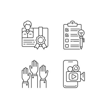 Atölye doğrusal simgeleri ayarlandı. Mobil yayın. Eğitim projesine katılma. Çalışmak için hedefler. Özelleştirilebilir ince çizgi şekilleri. İzole vektör çizimi çizimleri. Düzenlenebilir vuruş