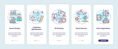 Endüstri 4.0 trendleri konseptlerle mobil uygulama sayfası ekranında. Akıllı fabrika, 3D baskı, akıllı sensörler 5 adımlık grafik talimatlar. RGB renk resimleriyle UI vektör şablonu