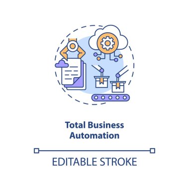 Tamamen iş otomasyonu konsepti ikonu. Endüstri 4.0 hedef fikri ince çizgi çizimi. Tekrarlanan görevler için teknolojiyi kullanmak. Vektör izole edilmiş RGB renk çizimi. Düzenlenebilir vuruş