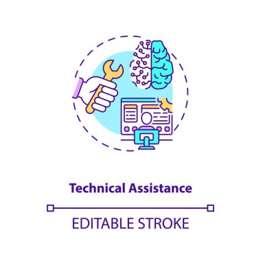 Teknik yardım kavramı ikonu. Endüstri 4.0 tasarım fikri ince çizgi çizimi. İnsanlara karar vermede ve sorun çözmede destek olmak. Vektör izole edilmiş RGB renk çizimi. Düzenlenebilir vuruş