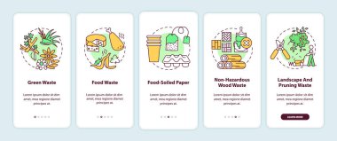 Mobil uygulama sayfasında konseptli organik atık tipleri var. Yeşil, yiyecek, zararsız ahşap atığı 5 adımlık grafik talimatlar. RGB renk resimleriyle UI vektör şablonu