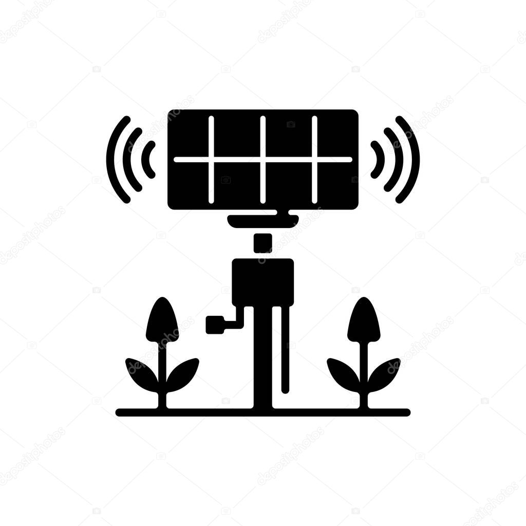 Smart agriculture sensors black glyph icon. Precision agrotechnology. Crops optimizing. Harvest monitoring. Farm analyzing systems. Silhouette symbol on white space. Vector isolated illustration