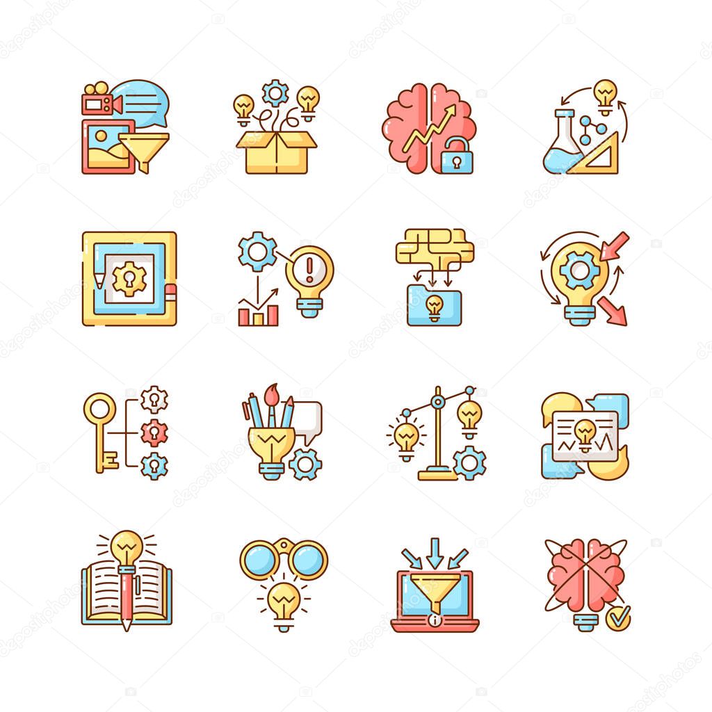 Creative thinking RGB color icons set. Idea prioritization. Creative problem solving. Thinking outside the box. Creativity development. Analyzing information. Isolated vector illustrations