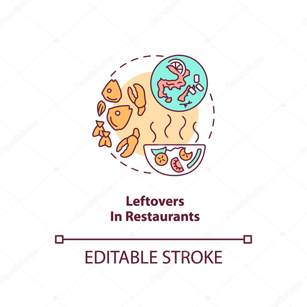 Leftovers in restaurants concept icon. Food waste type idea thin line illustration. Uneaten food from meals. Spoilage and wastage. Vector isolated outline RGB color drawing. Editable stroke