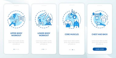 Mobil uygulama sayfasında kavramları olan fiziksel eğitim tipleri. Üst gövde, alt gövde egzersizi 4 adım grafik talimatlar. RGB renk resimleriyle UI vektör şablonu