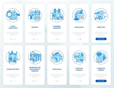 Ev eğitimi, mobil uygulama sayfası ekranında konseptlerle birlikte. Jimnastik, 5 aşamalı grafik talimatların yerini alır. RGB renk resimleriyle UI vektör şablonu