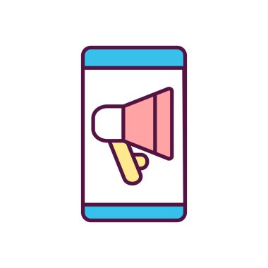 Uygulama reklamında internet promosyonu RGB renk simgesi. Sosyal medya ilişkileri. Çevrimiçi tanıtım kampanyası. Pazarlama servisi. Cep telefonu iletişimi. İzole vektör illüstrasyonu