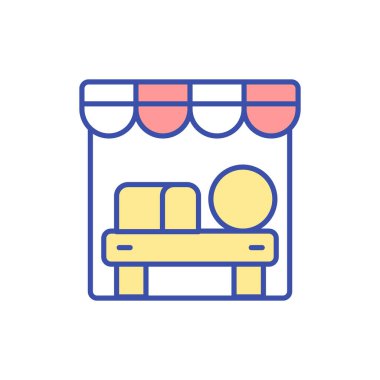 Çiftçi pazarı RGB renk simgesini durdurur. Market alışverişi. Organik gıda deposu. Doğal ürünler için Booth. Süt endüstrisi. Süt yiyeceği al. Peynir üretimi. İzole vektör illüstrasyonu