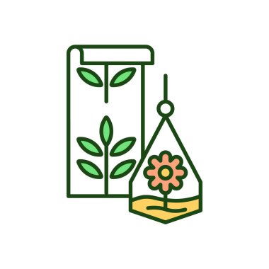 Biyofilik tasarım RGB renk simgesi. Asılı teraryum. Dekoratif bitki. Yeşil ev için duvar kağıdı. Oturma odası dekorasyonu. Ev halkı için doğal malzemeler. İzole vektör illüstrasyonu