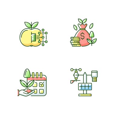 RGB renk simgeleri tahmini olarak yerleştiriliyor. IOT tarımı. Akıllı çiftçilik. Maliyet verimliliği. Siluet sembolleri. Meteoroloji. Vektör izole illüstrasyonu