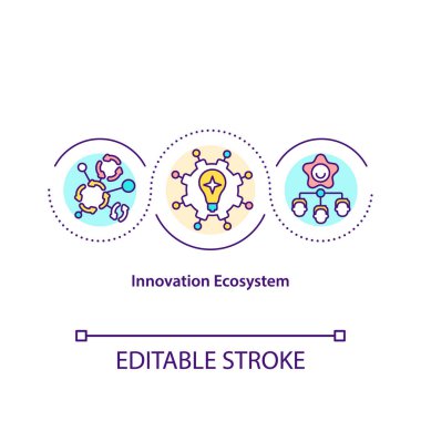 Yenilik ekosistem konsepti ikonu. Girişim fikrinin ince çizgili çiziminde birlikte gelişim oluşturun. Sektörsel yenilik sistemleri. Vektör izole edilmiş RGB renk çizimi. Düzenlenebilir vuruş