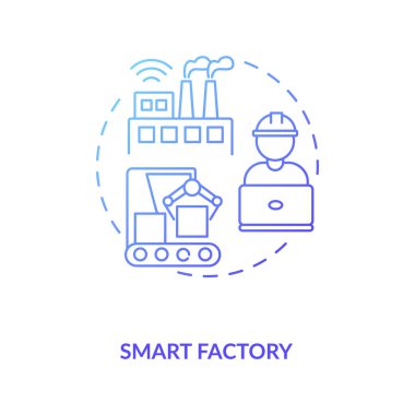Akıllı fabrika konsepti ikonu. Endüstri 4.0 eğilim fikri ince çizgi çizimi. Üretimde dijitalleşme. Bağlı makinelerle veri topluyorum. Vektör izole edilmiş RGB renk çizimi