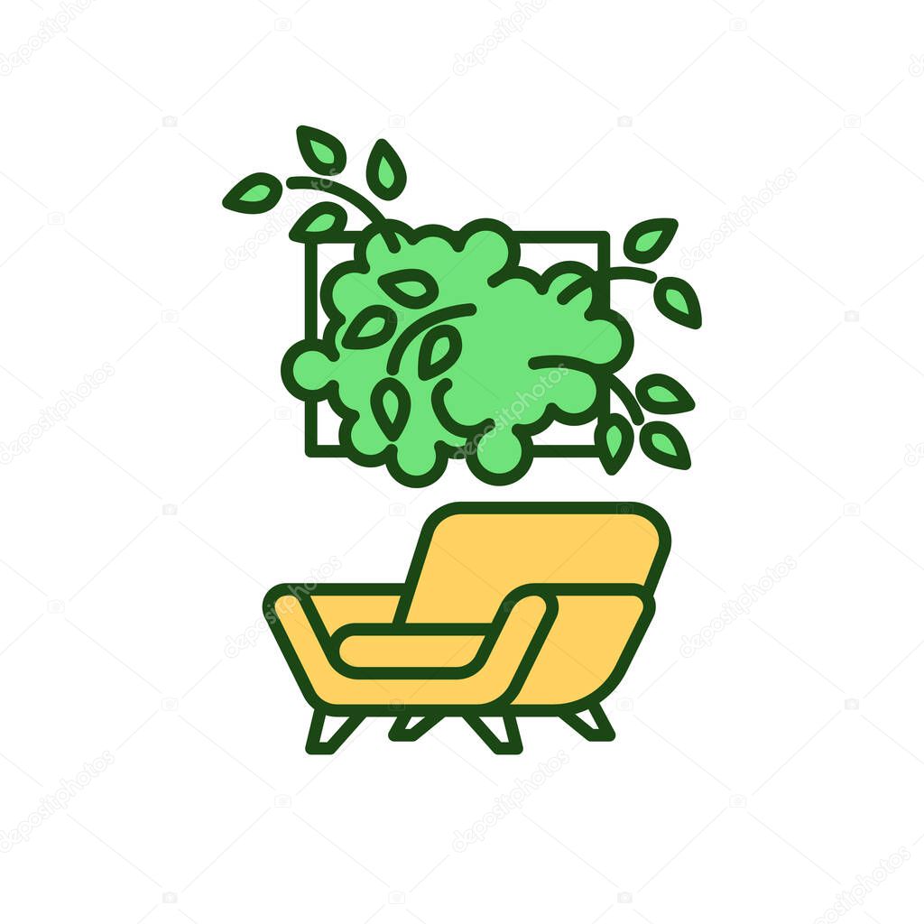 Wall garden in living room RGB color icon. Green home. Modern eco friendly design. Contemporary decoration. Plants decor, armchair for relaxation. Residential estate. Isolated vector illustration