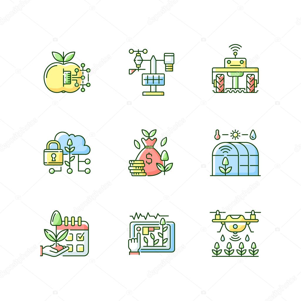 Smart farming RGB color icons set. Internet of food. Maximum productivity. Agricultural industry management. Isolated vector illustrations