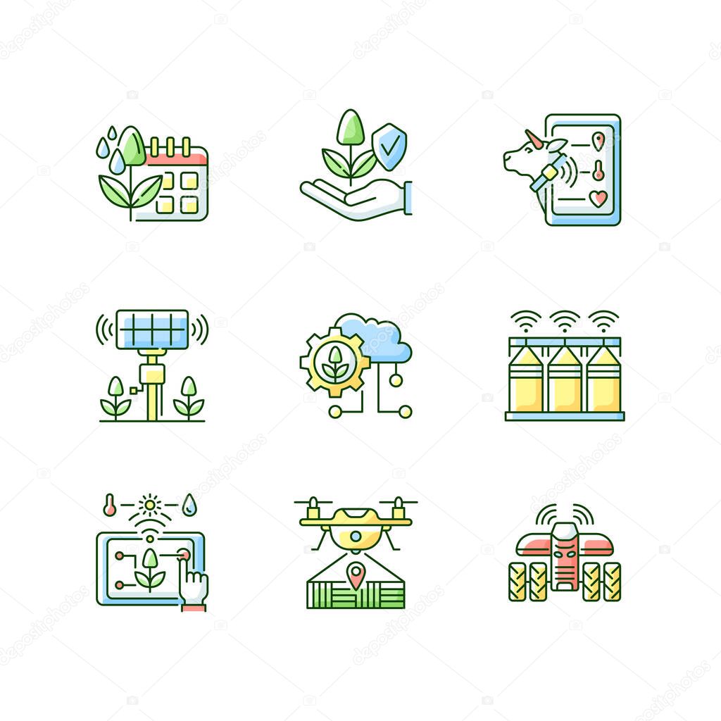 Innovation technology RGB color icons set. Farm automation. Smart agronomy. Digital horticulture. Sustainable production. Isolated vector illustrations