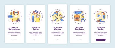 Mobil uygulama sayfası ekranında kavramlı ev çalışması ipuçları. Spor salonu, jimnastik kıyafetleri, ısınma yürüyüşü 5 adım grafik talimatlar. RGB renk resimleriyle UI vektör şablonu