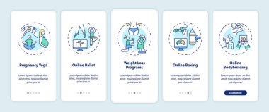Mobil uygulama sayfa ekranında konseptlerle birlikte en iyi online egzersiz programları. Hamilelik yogası, kilo kaybı, 5 aşamalı grafik talimatlar. RGB renk resimleriyle UI vektör şablonu