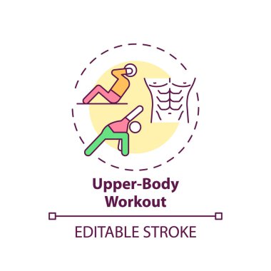 Üst vücut çalıştırma konsepti simgesi. Beden eğitimi fikri ince çizgi çizimi. Kas gücünü arttırıyorum. Kollarda ve arkada dayanıklılık artıyor. Vektör izole edilmiş RGB renk çizimi. Düzenlenebilir vuruş