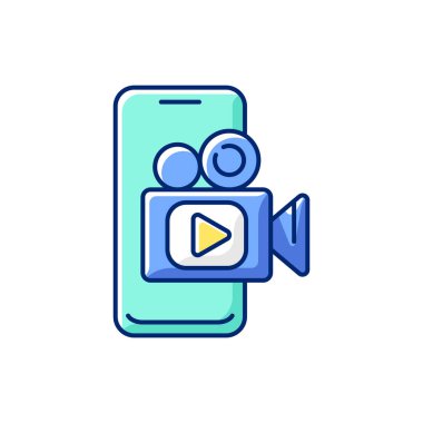 Mobil yayın RGB renk simgesi. Fikir kuşağı. Video yayını için cep telefonu kullanılıyor. Yeni pratik beceriler kazanıyorum. Fotoğraf atölyesi. Modern gazetecilik. İzole vektör illüstrasyonu