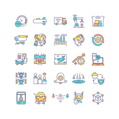 Endüstriyel IoT RGB renk simgeleri ayarlandı. Otomasyon üretiyorum. Kendi kendine giden araba. İnsan emeği olmayan bir fabrika. Gelir potansiyeli. M2M teknolojisi. Kablosuz bağlantı. İzole vektör çizimleri