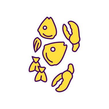 Deniz ürünleri atığı RGB renk simgesi. Baş, yazı, kabuklu deniz kabukları, pullar, mürekkep balığı tüyleri. Su kültürü. Arta kalan balık filetoları ve kabuklu deniz hayvanları. Deniz ürünleri tüketimi arttı. İzole vektör illüstrasyonu