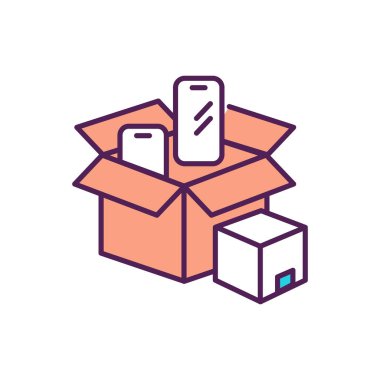 Boks teknolojisi RGB renk simgesi açılıyor. İnceleme için elektronik cihazları açıyorum. Güvenli ürün teslimatı. Nakliye aletleri. Akıllı alışveriş ipuçları. E-ticaret ve perakende. İzole vektör illüstrasyonu